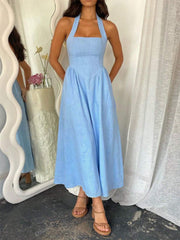 Solid Elegant Vacation Date Halter A-line Dress