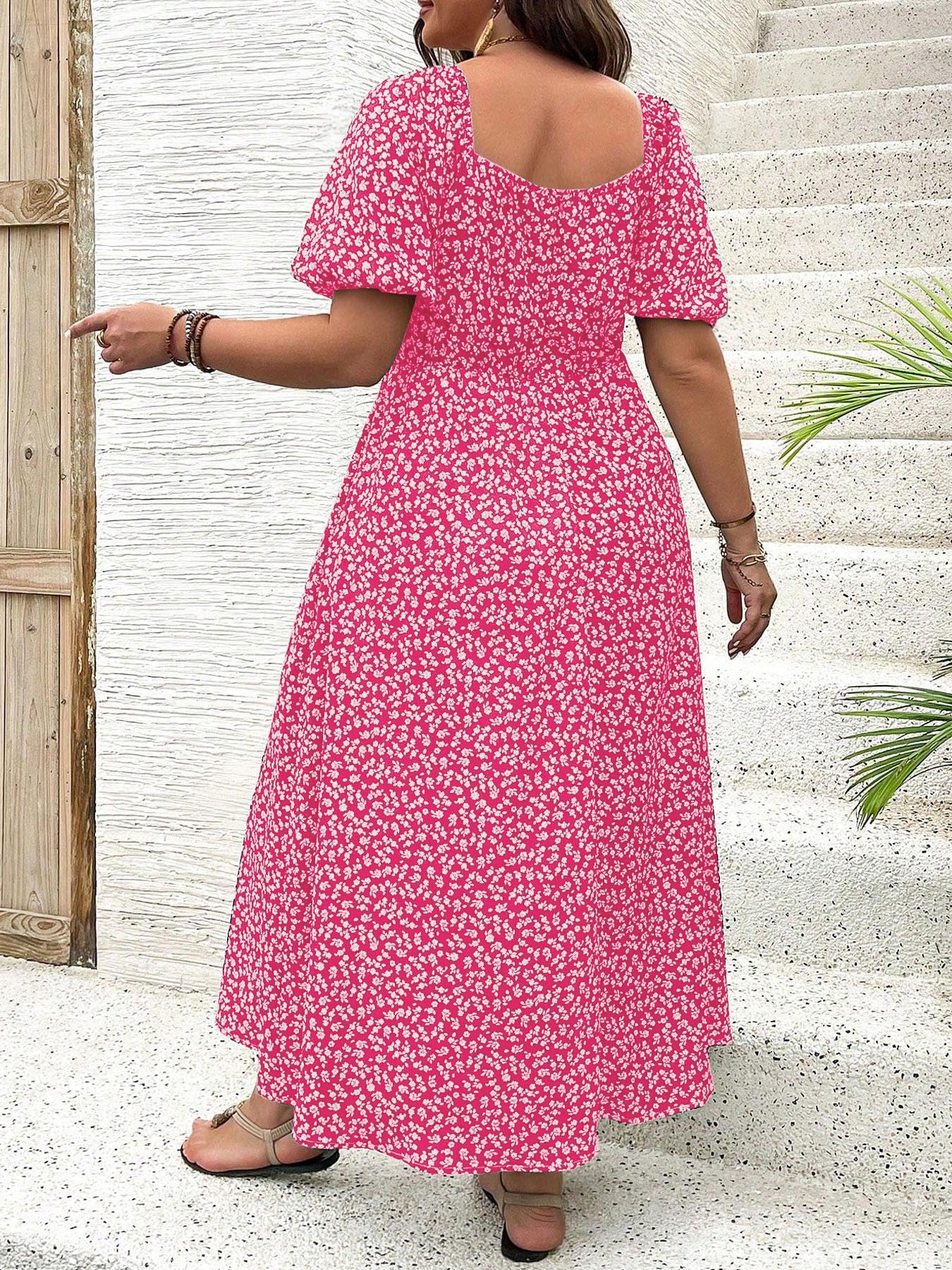 Plus Size Vacation Ditsy Floral Split Square Neck Puff A-line Dress