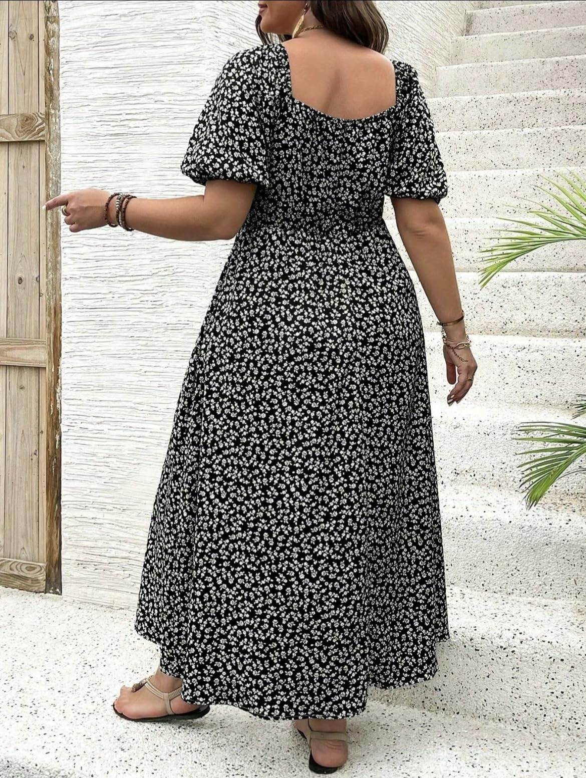 Plus Size Vacation Ditsy Floral Split Square Neck Puff A-line Dress