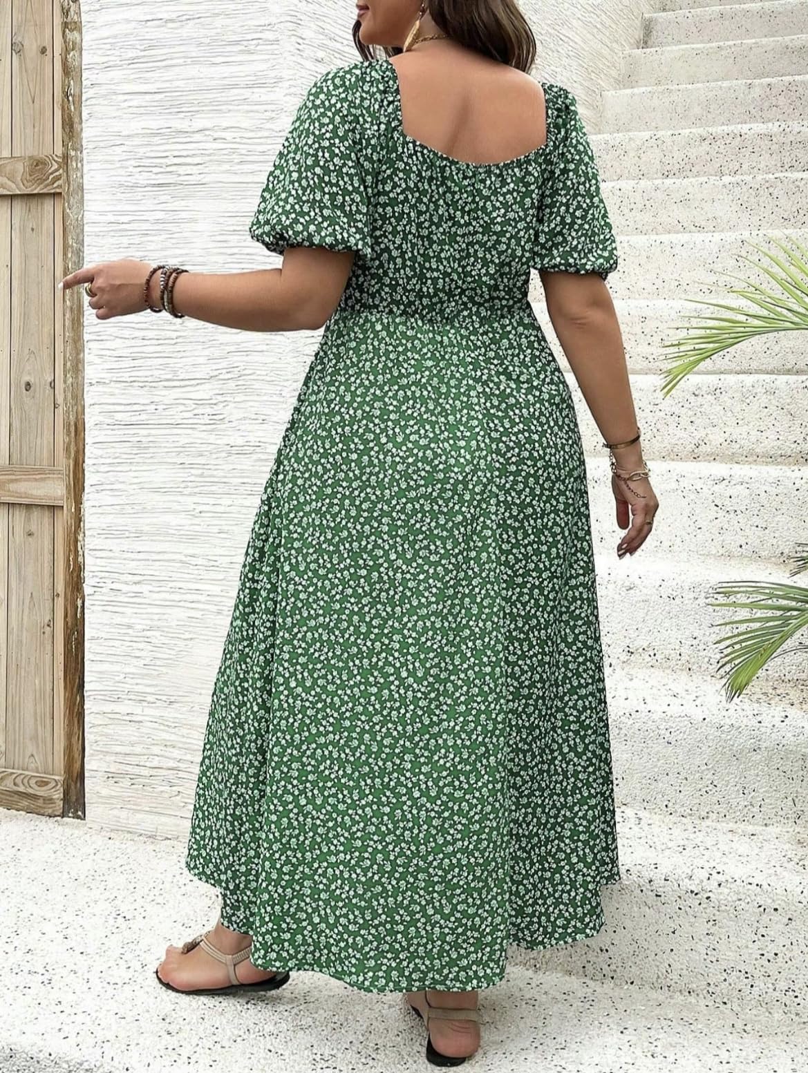 Plus Size Vacation Ditsy Floral Split Square Neck Puff A-line Dress