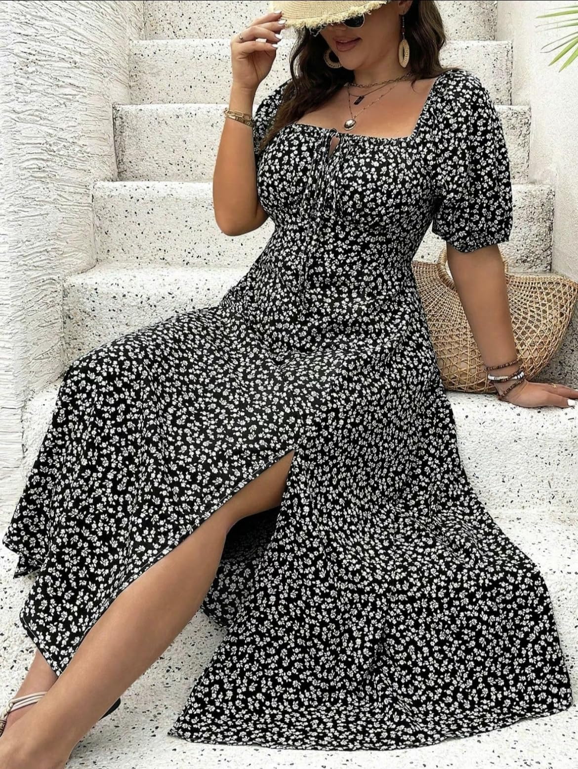 Plus Size Vacation Ditsy Floral Split Square Neck Puff A-line Dress