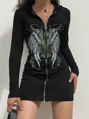 Graphic Hooded Regular Sleeve Wrap Dress