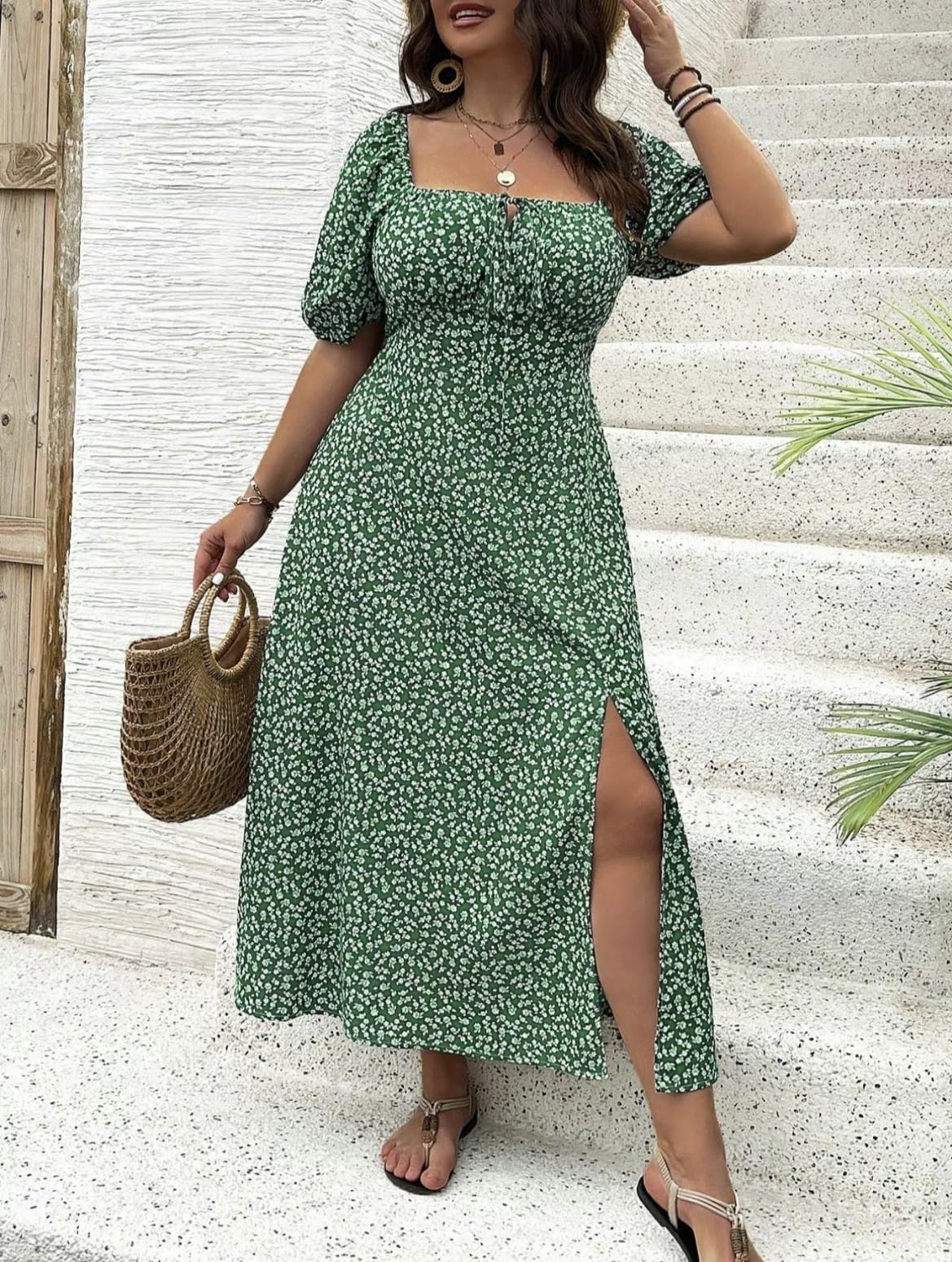 Plus Size Vacation Ditsy Floral Split Square Neck Puff A-line Dress