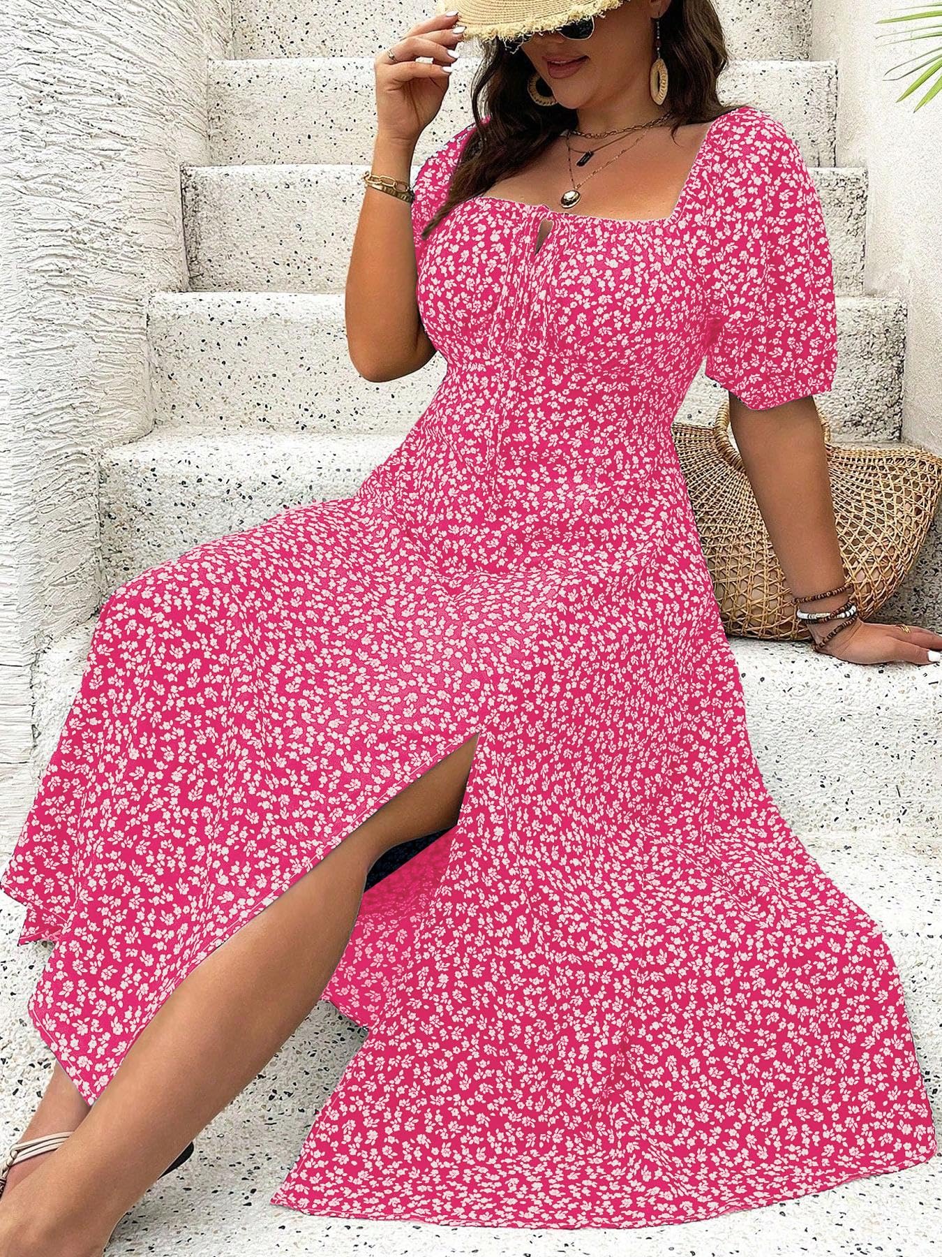 Plus Size Vacation Ditsy Floral Split Square Neck Puff A-line Dress