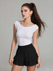 Boho Relaxed Fit Casual Tiered Layer Frill Trim Ruffle High Waist Skorts