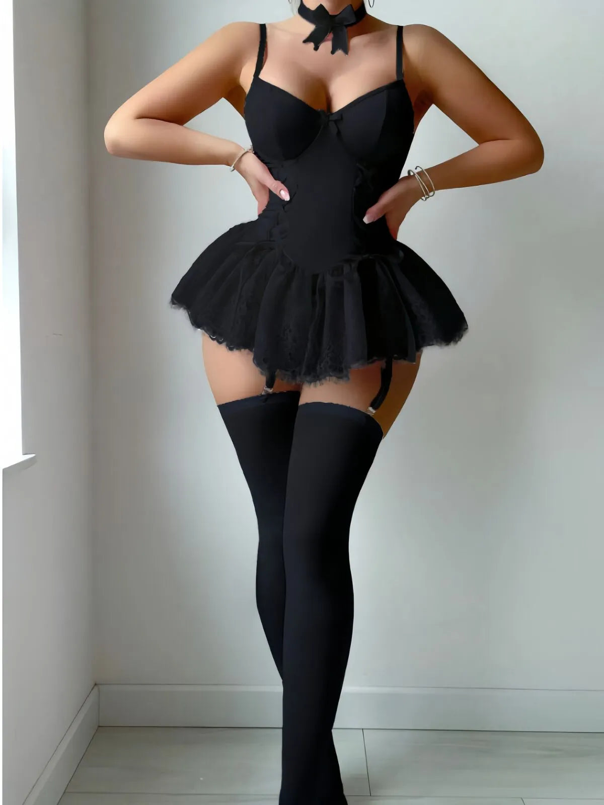 3 Pcs Solid Bow Lace Lace-up Sexy Lingerie Set