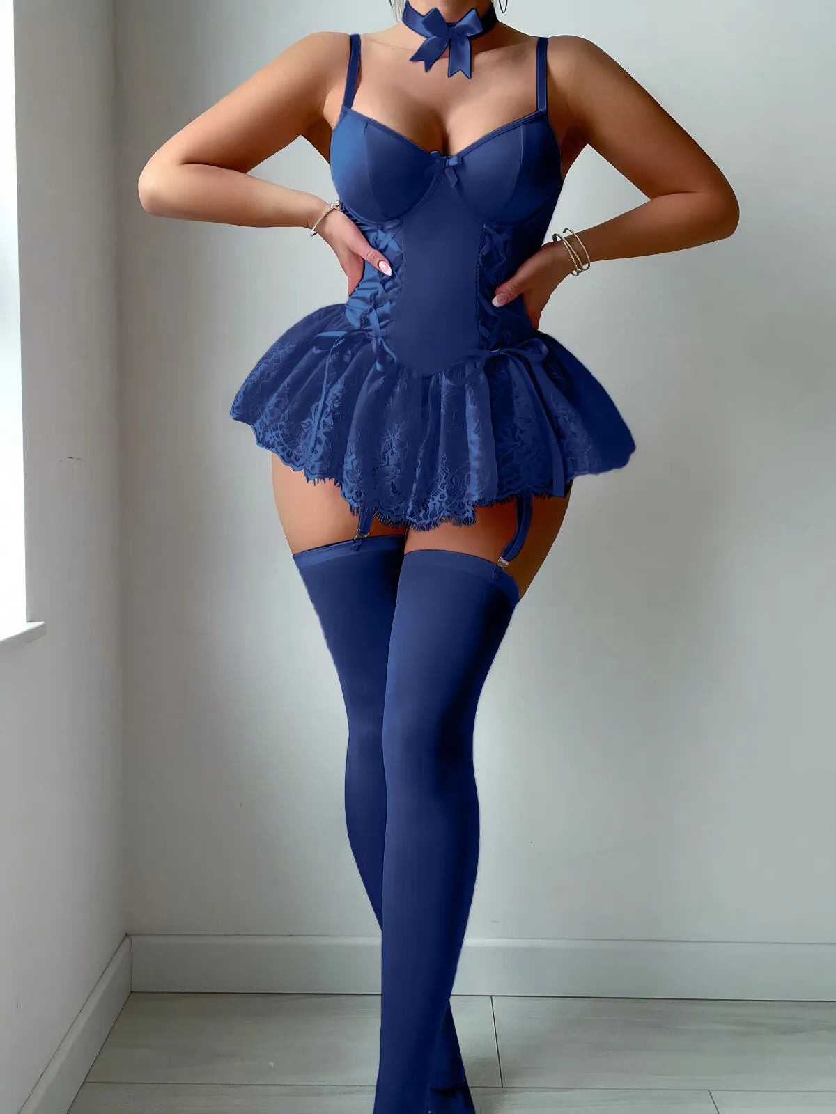 3 Pcs Solid Bow Lace Lace-up Sexy Lingerie Set