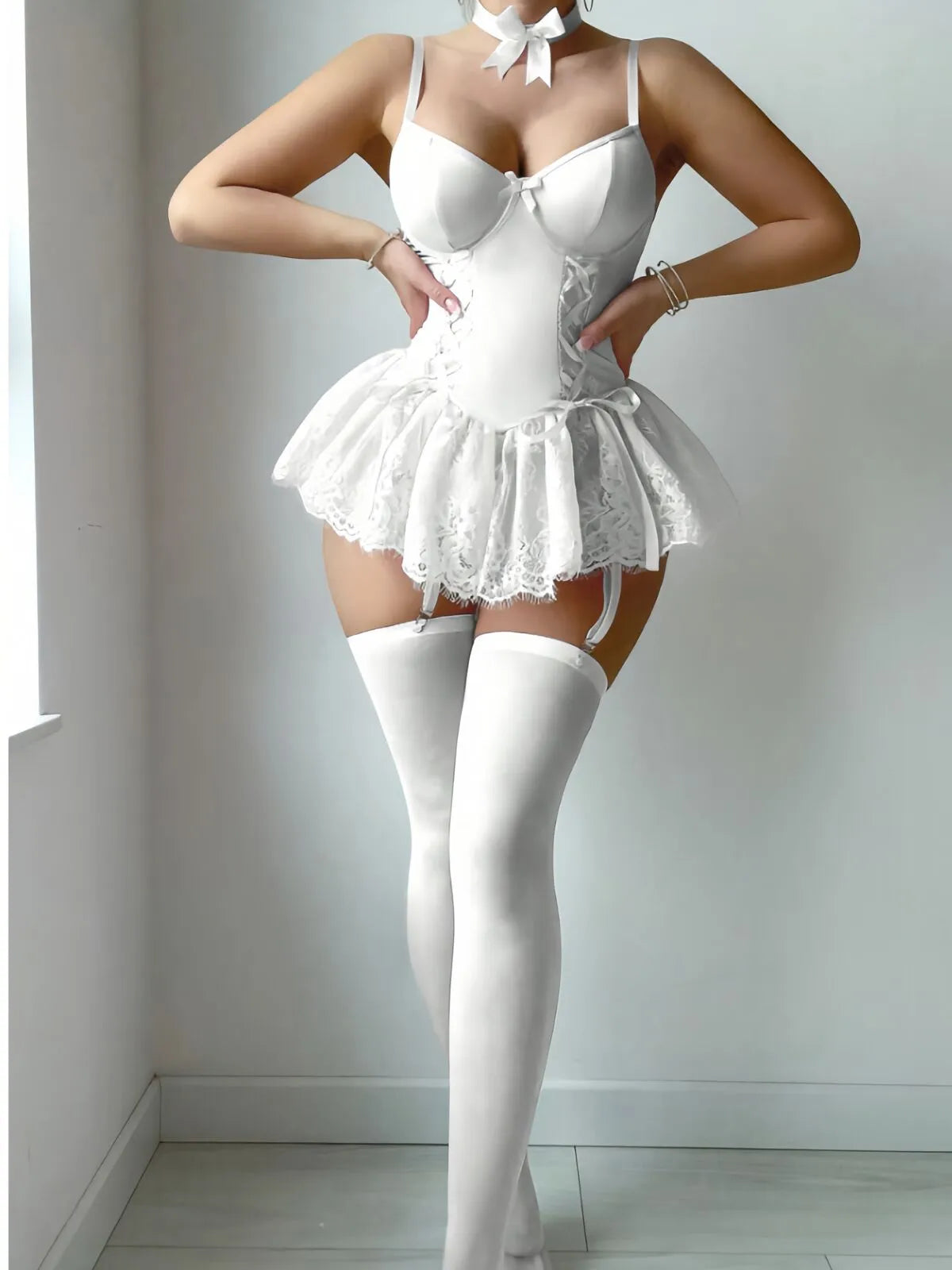 3 Pcs Solid Bow Lace Lace-up Sexy Lingerie Set
