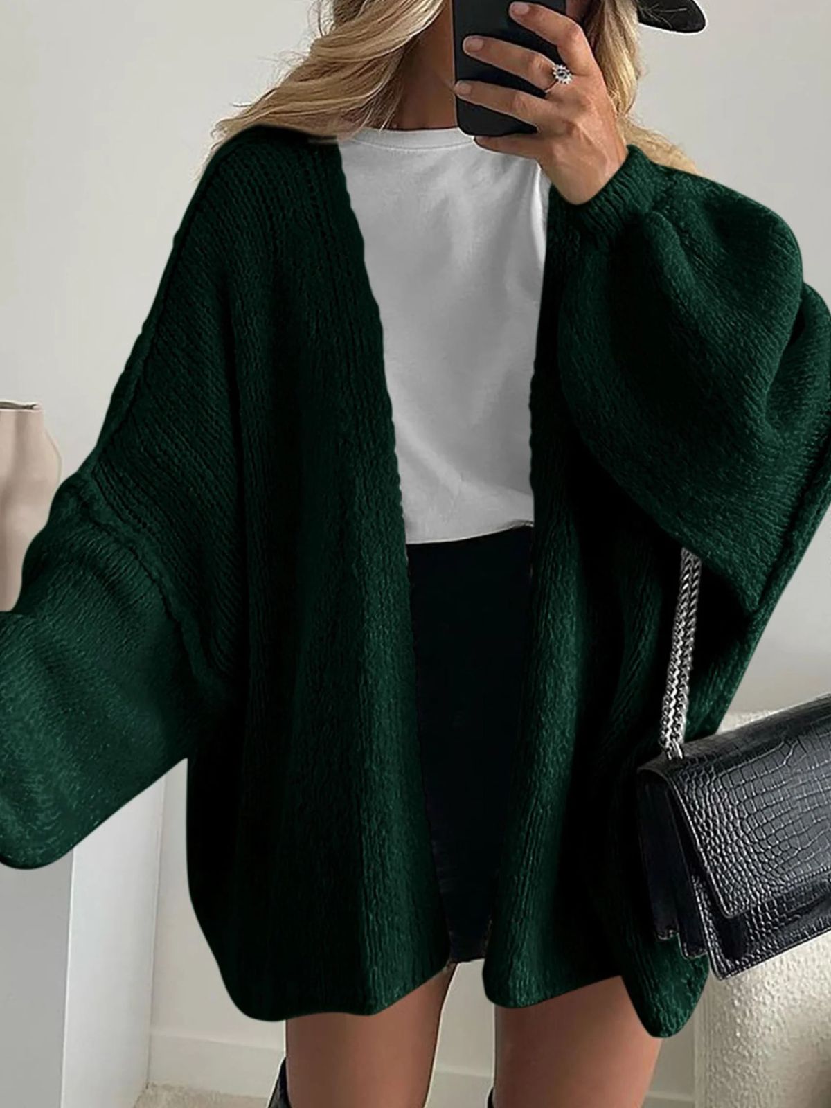 Solid Oversized Camel Outwear Fall Long Lantern Sleeve Knit Cardigan