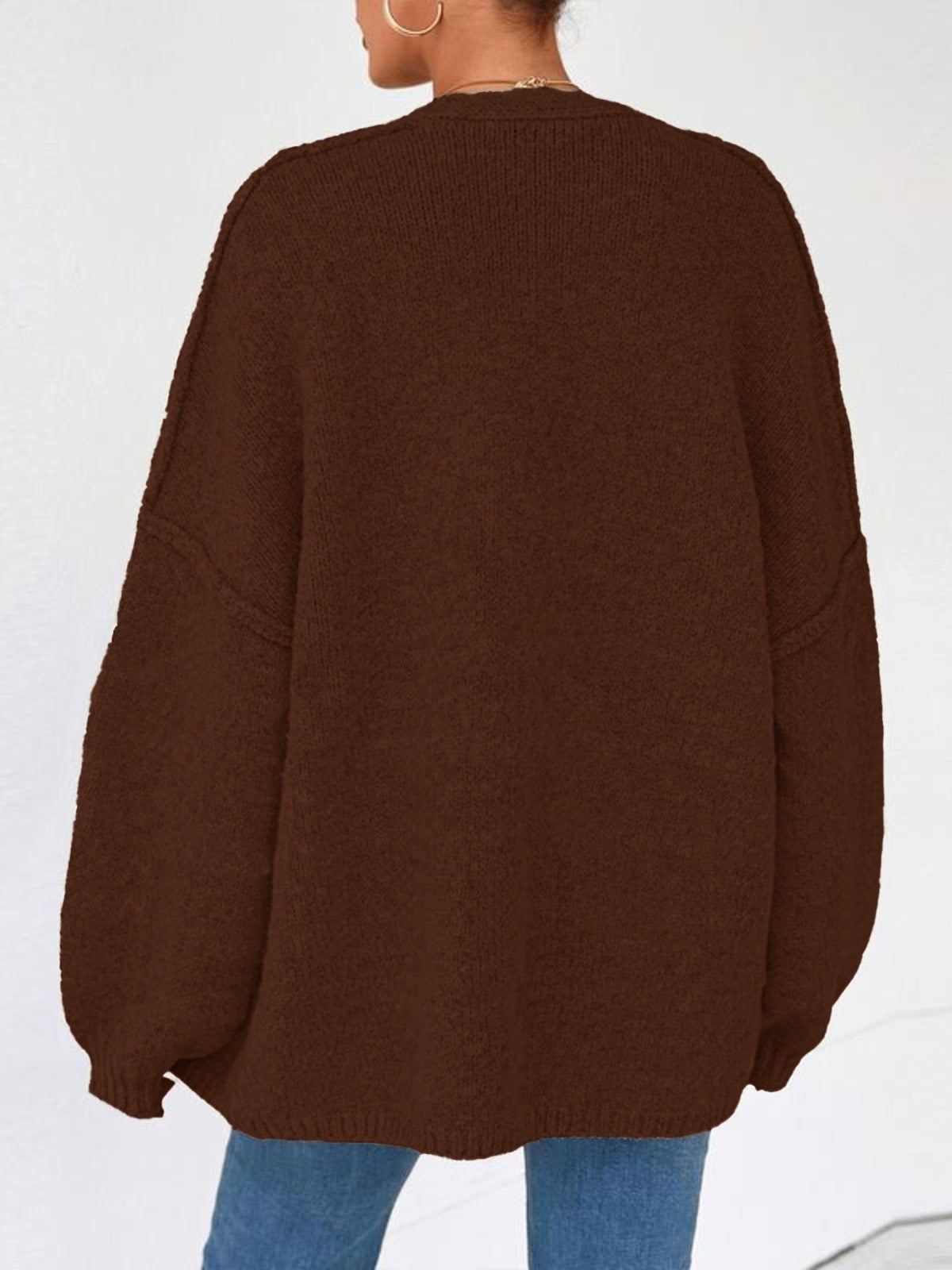 Solid Oversized Camel Outwear Fall Long Lantern Sleeve Knit Cardigan
