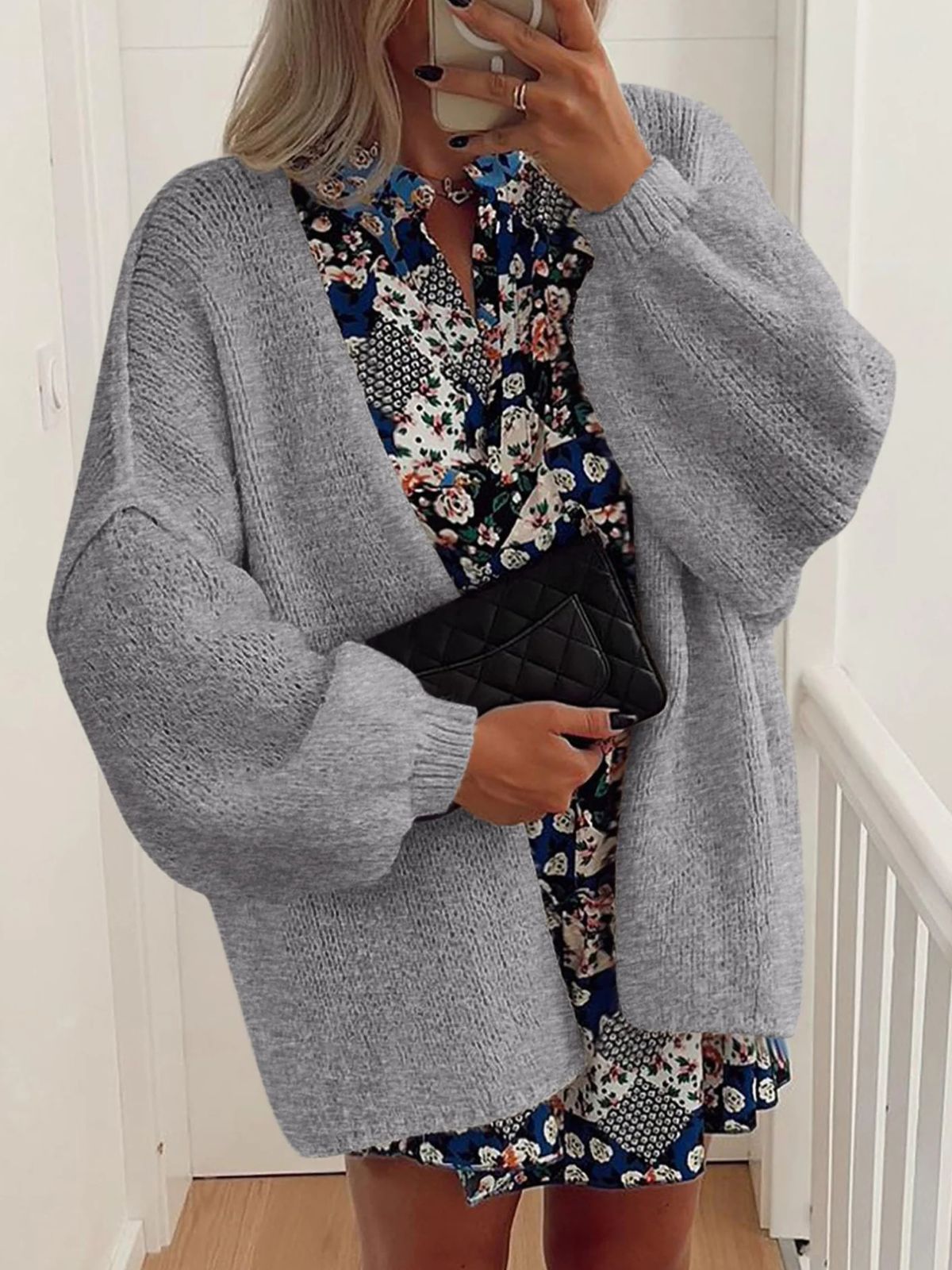 Solid Oversized Camel Outwear Fall Long Lantern Sleeve Knit Cardigan