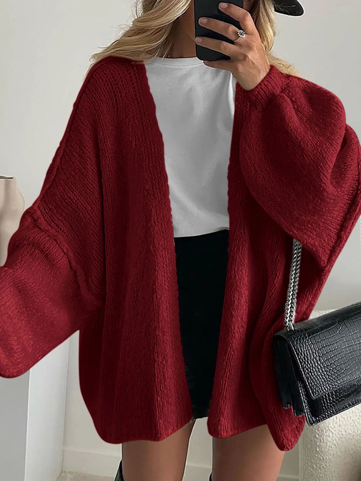 Solid Oversized Camel Outwear Fall Long Lantern Sleeve Knit Cardigan