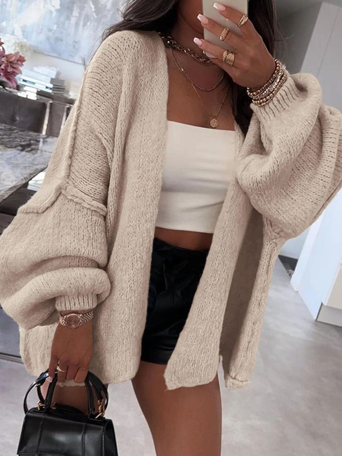 Solid Oversized Camel Outwear Fall Long Lantern Sleeve Knit Cardigan