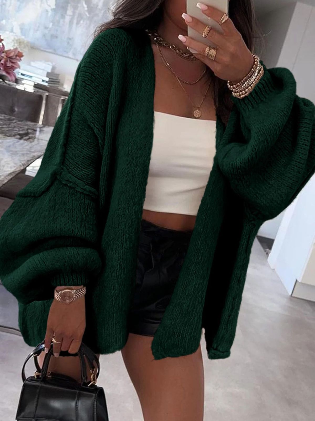 Solid Oversized Camel Outwear Fall Long Lantern Sleeve Knit Cardigan