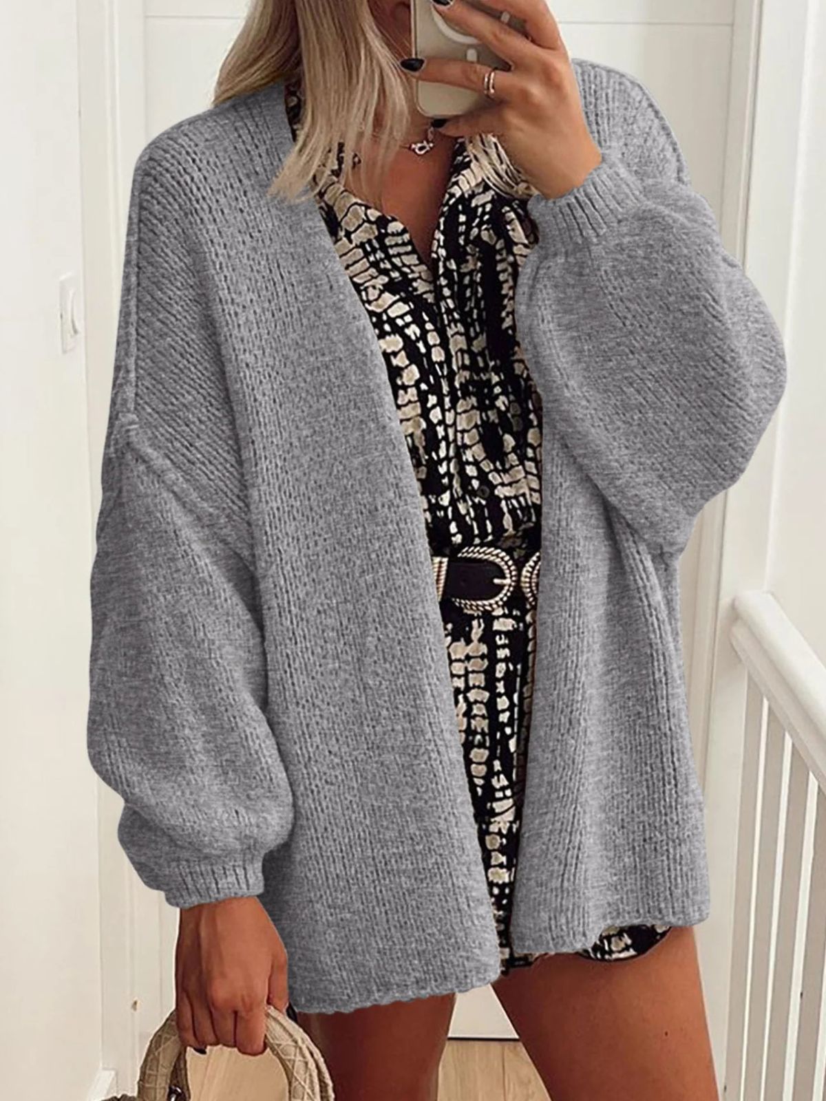 Solid Oversized Camel Outwear Fall Long Lantern Sleeve Knit Cardigan