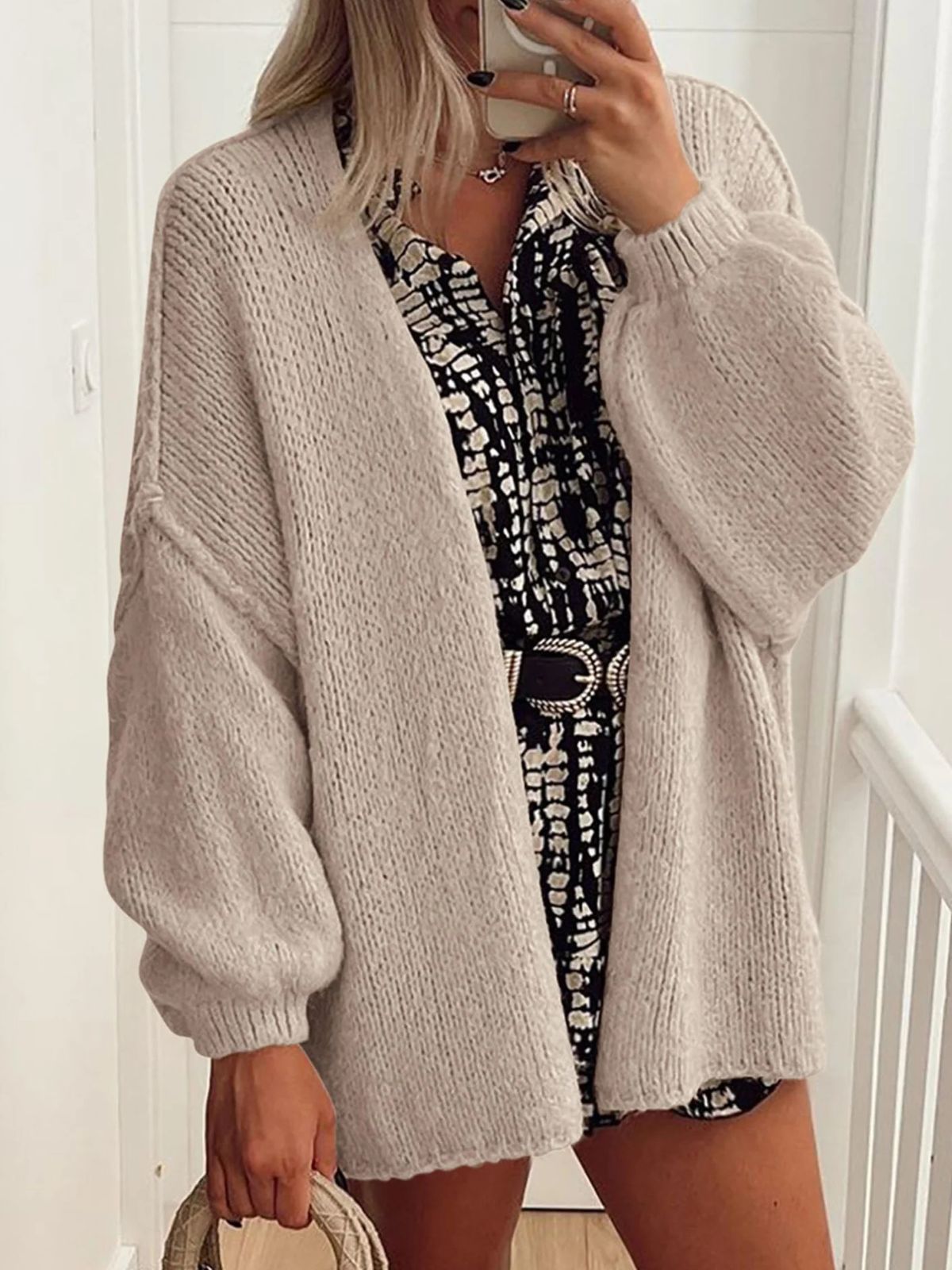 Solid Oversized Camel Outwear Fall Long Lantern Sleeve Knit Cardigan