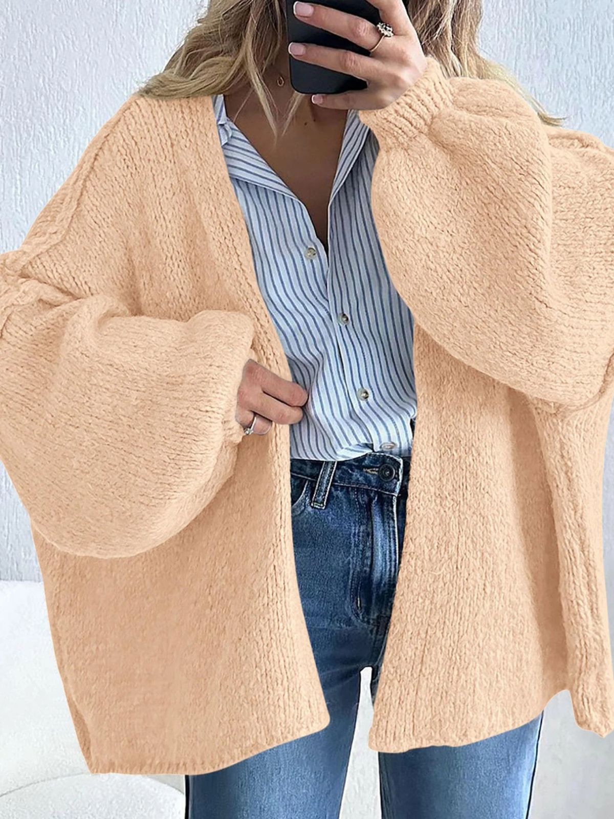 Solid Oversized Camel Outwear Fall Long Lantern Sleeve Knit Cardigan
