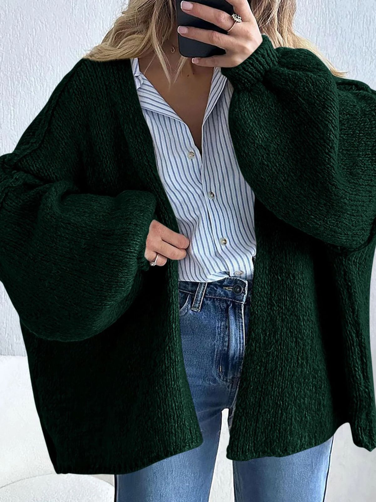 Solid Oversized Camel Outwear Fall Long Lantern Sleeve Knit Cardigan