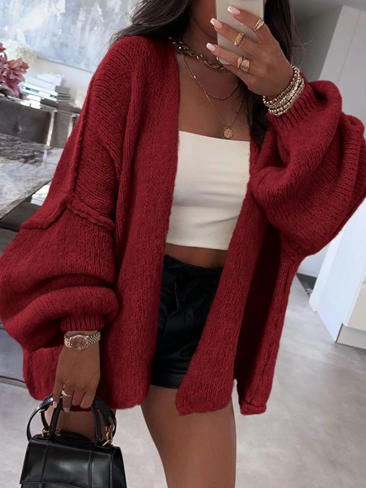 Solid Oversized Camel Outwear Fall Long Lantern Sleeve Knit Cardigan