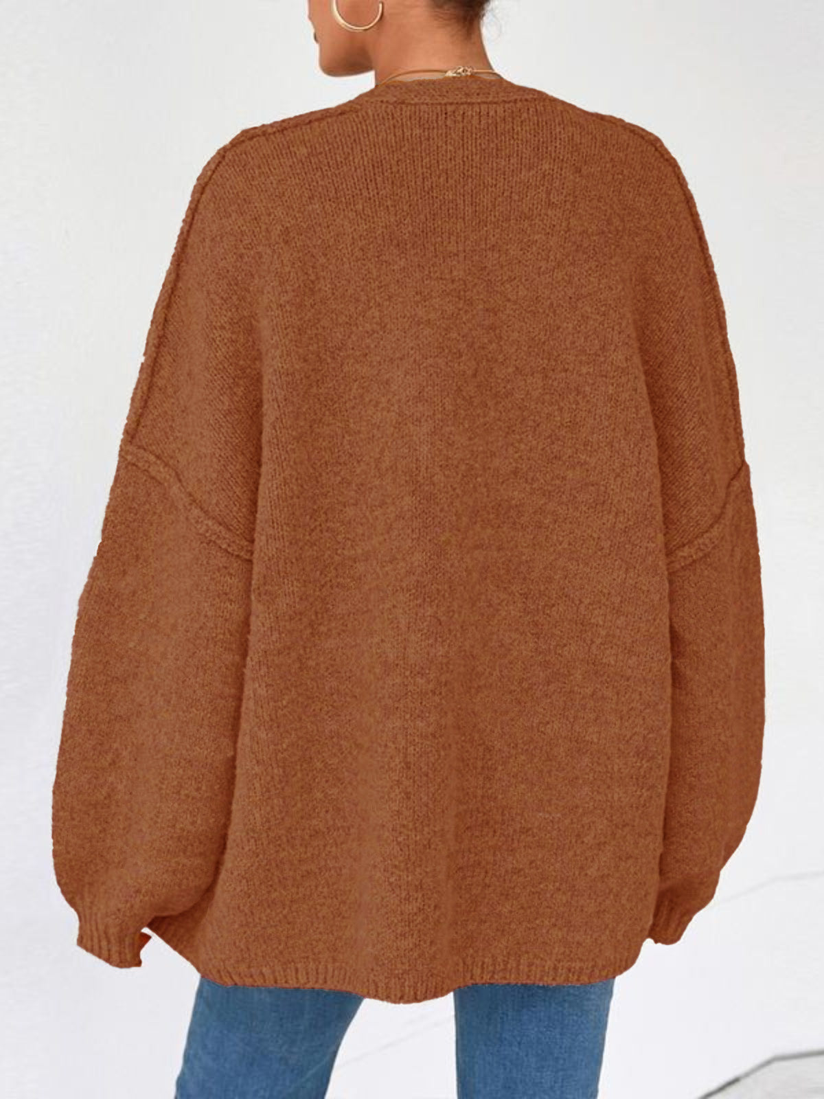 Solid Oversized Camel Outwear Fall Long Lantern Sleeve Knit Cardigan
