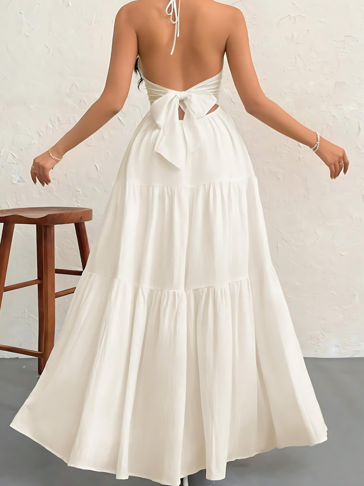 Solid Beach Vacation Tie Back Halter A-line Dress