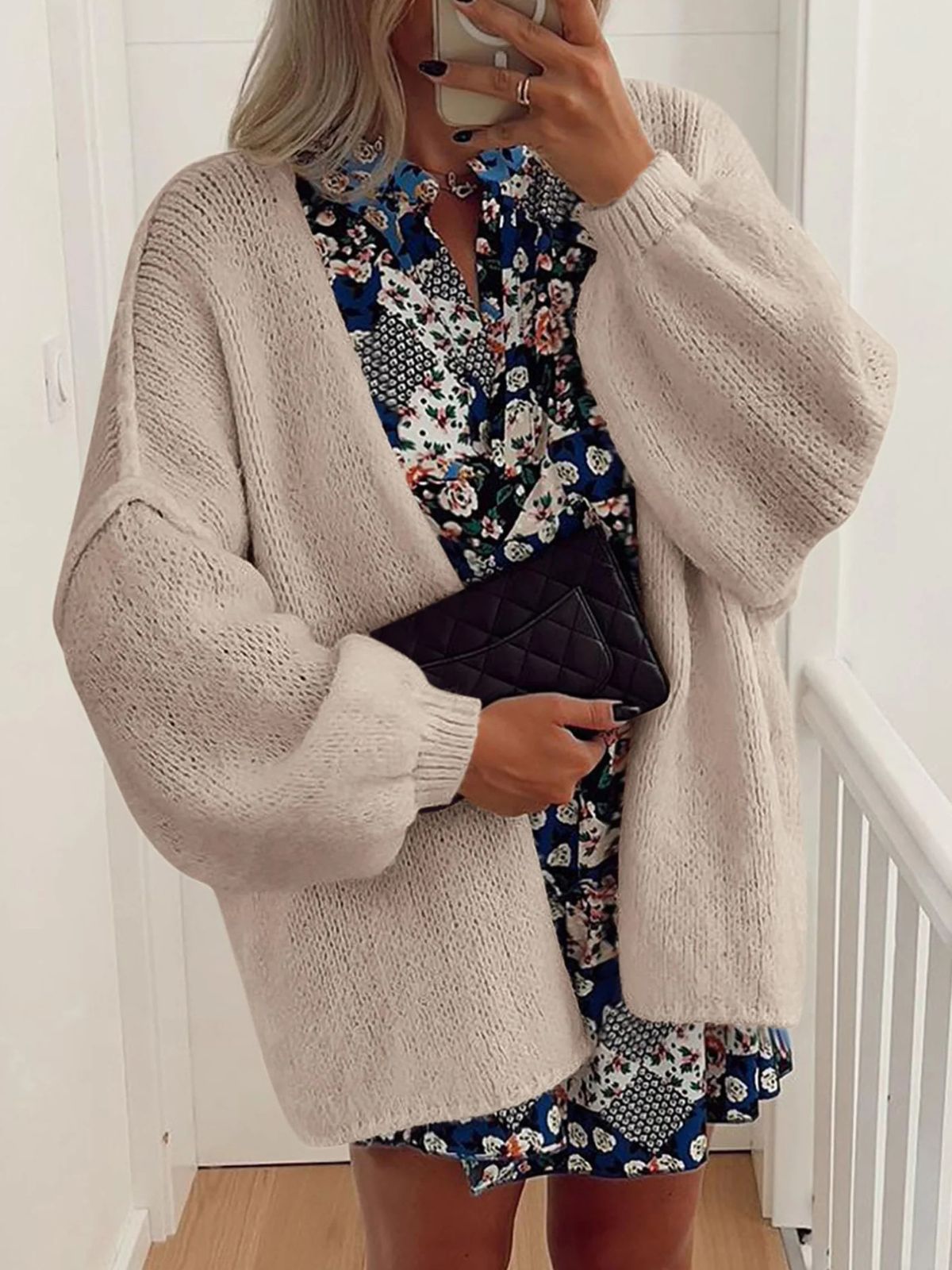Solid Oversized Camel Outwear Fall Long Lantern Sleeve Knit Cardigan