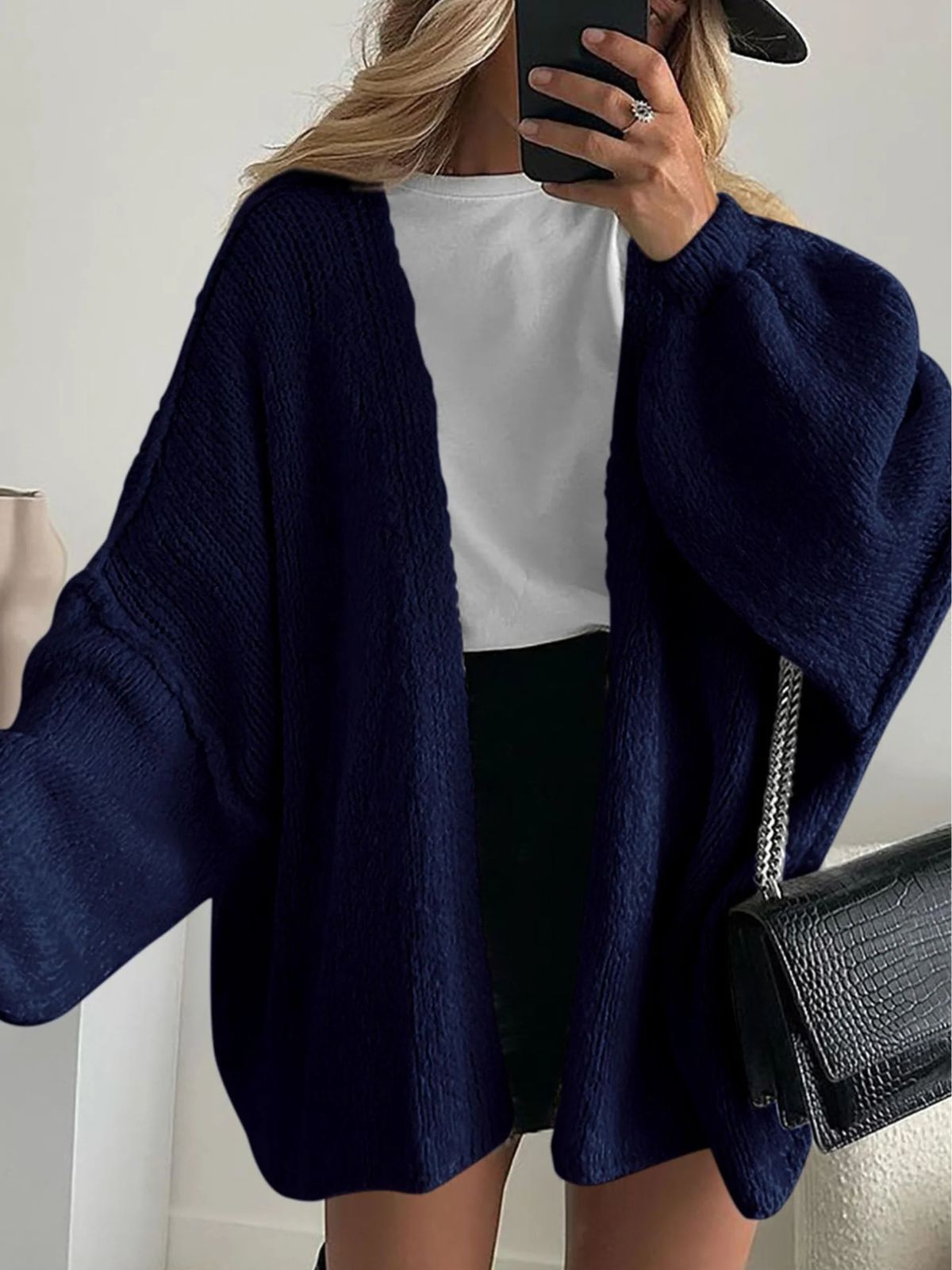Solid Oversized Camel Outwear Fall Long Lantern Sleeve Knit Cardigan