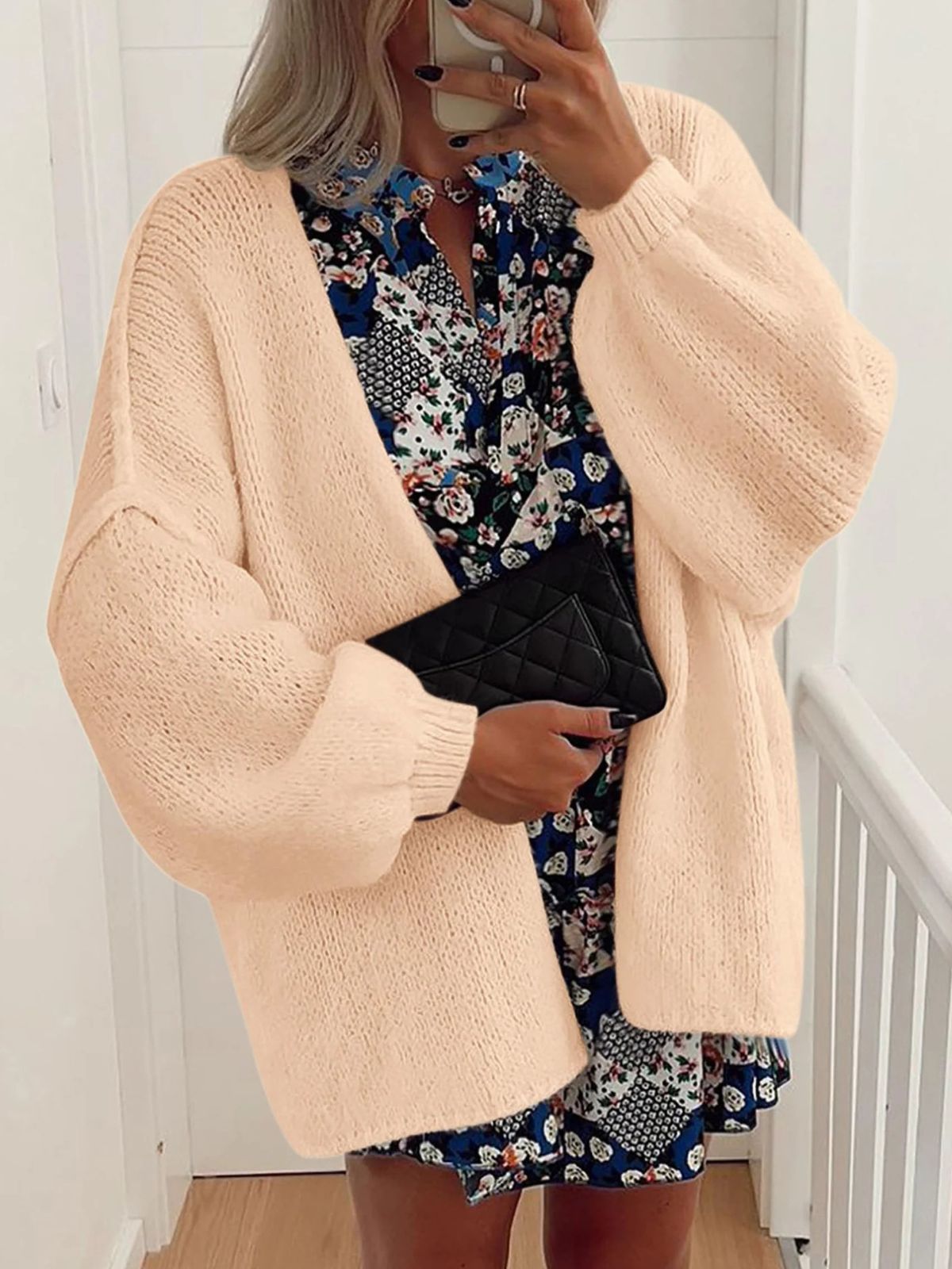Solid Oversized Camel Outwear Fall Long Lantern Sleeve Knit Cardigan