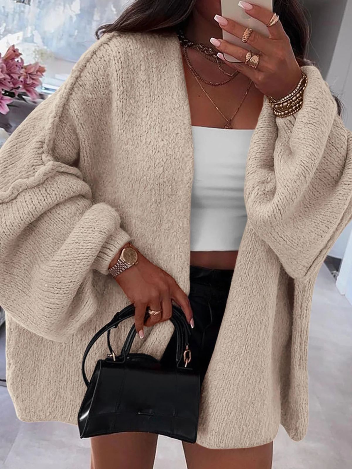 Solid Oversized Camel Outwear Fall Long Lantern Sleeve Knit Cardigan