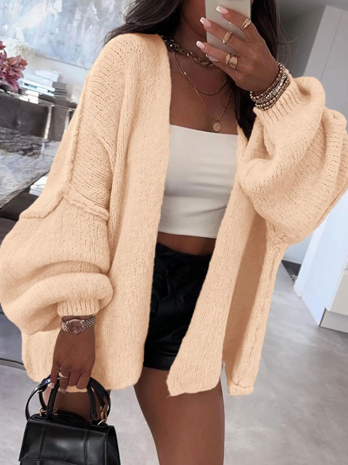 Solid Oversized Camel Outwear Fall Long Lantern Sleeve Knit Cardigan