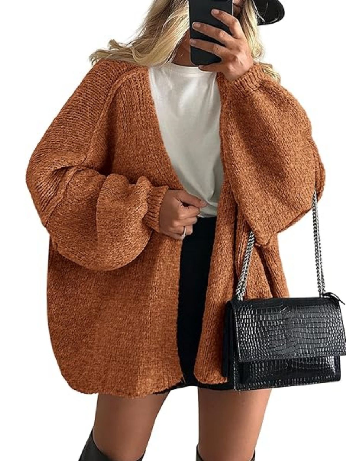 Solid Oversized Camel Outwear Fall Long Lantern Sleeve Knit Cardigan