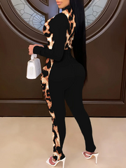 Leopard V-neck High Rise Regular Long Sleeves Jumpsuit