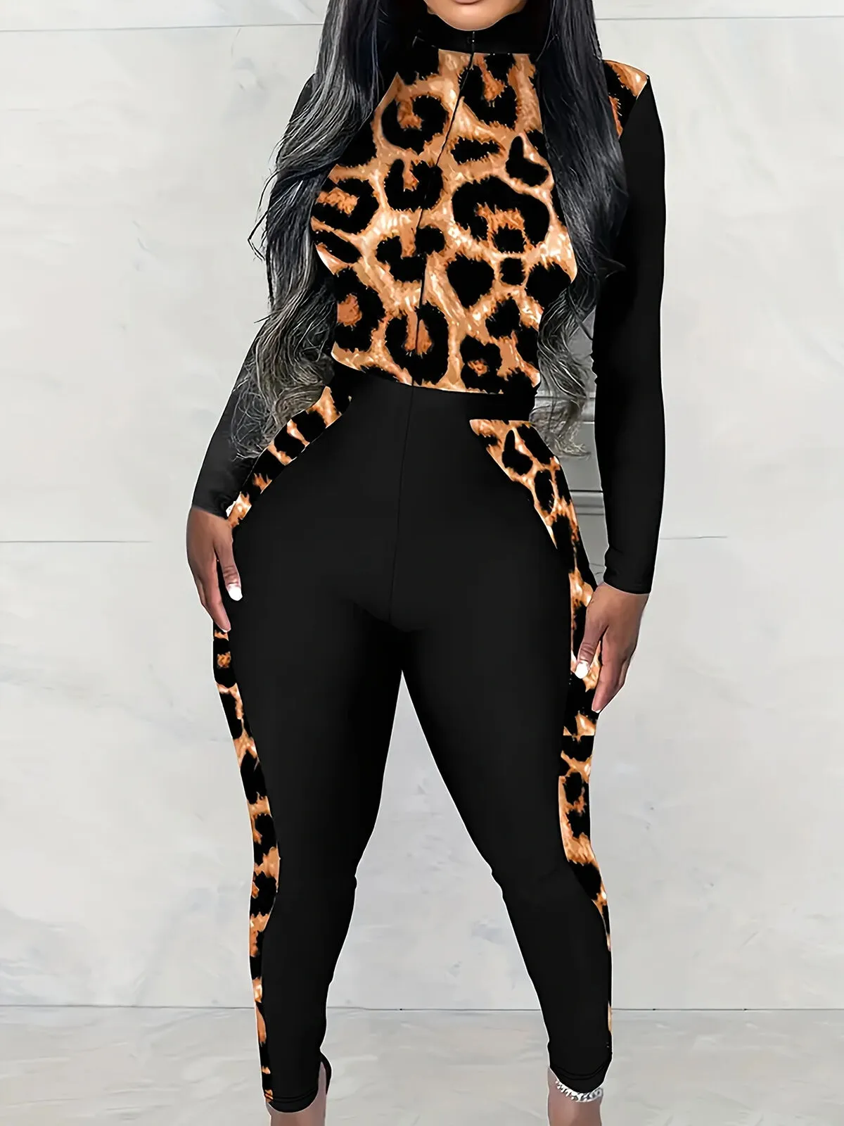 Leopard V-neck High Rise Regular Long Sleeves Jumpsuit