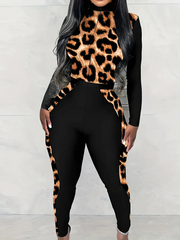 Leopard V-neck High Rise Regular Long Sleeves Jumpsuit