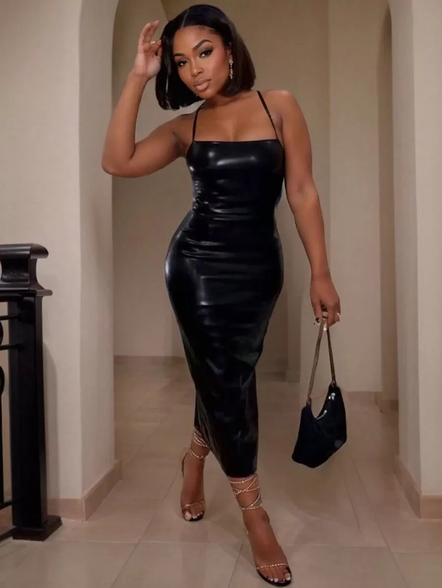 Solid Knot Spaghetti Strap Pu Leather Bodycon Dress