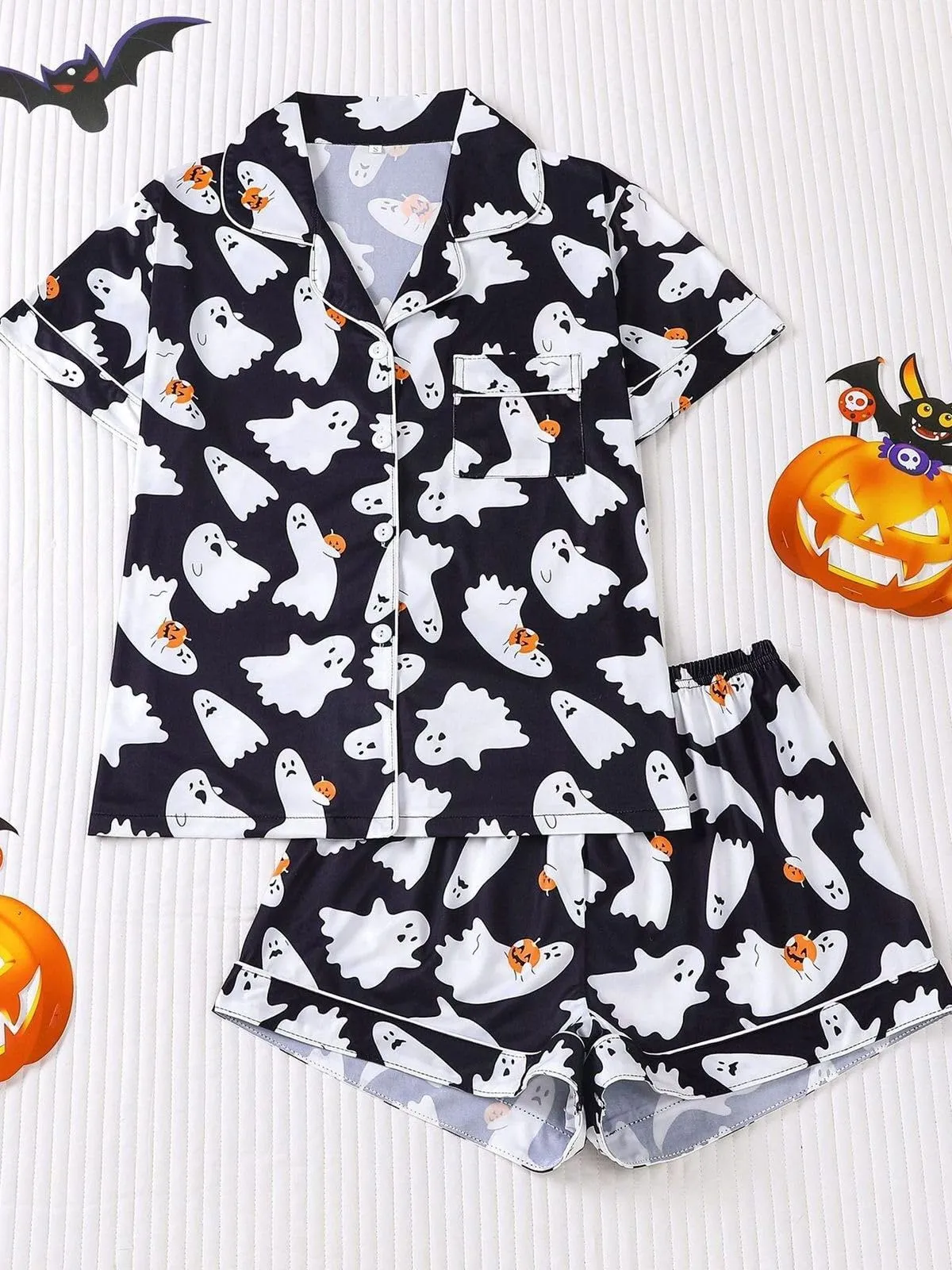 Halloween Women's Sleepwear Set, Soft Button Front Shirt & Elastic Shorts