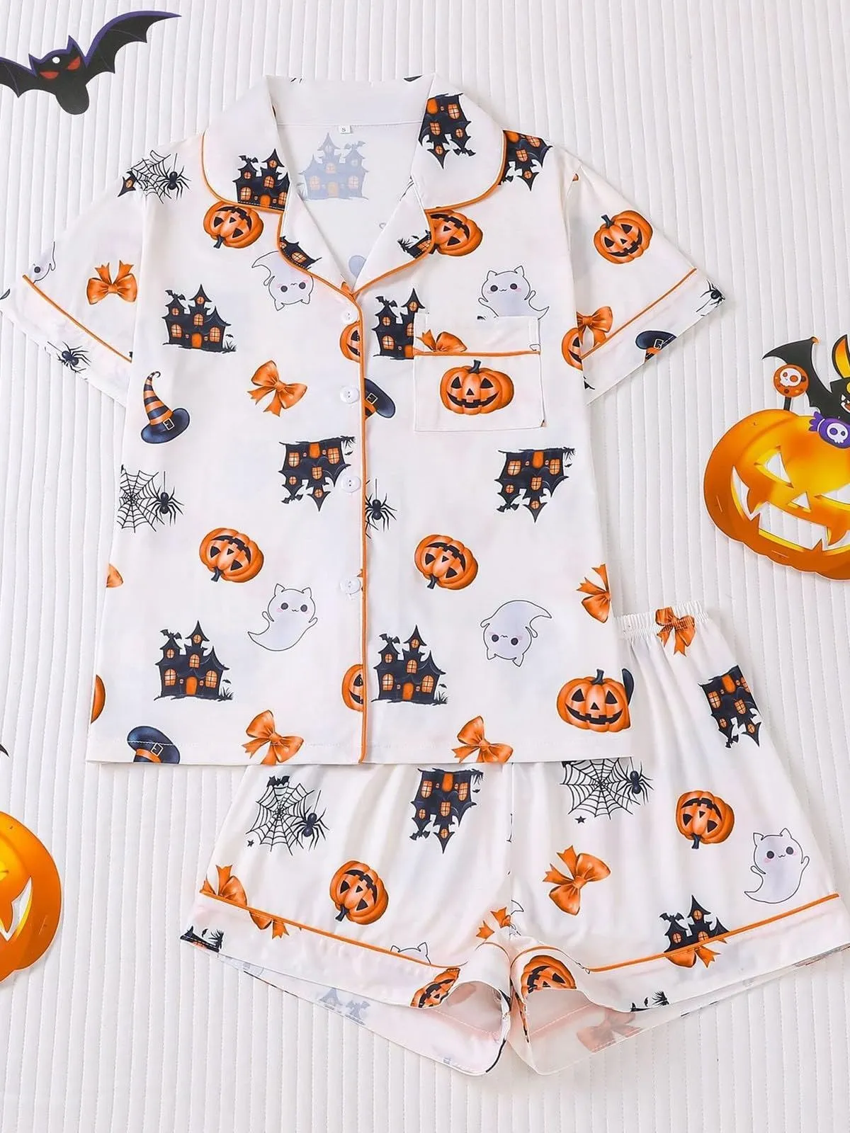 Halloween Women's Sleepwear Set, Soft Button Front Shirt & Elastic Shorts