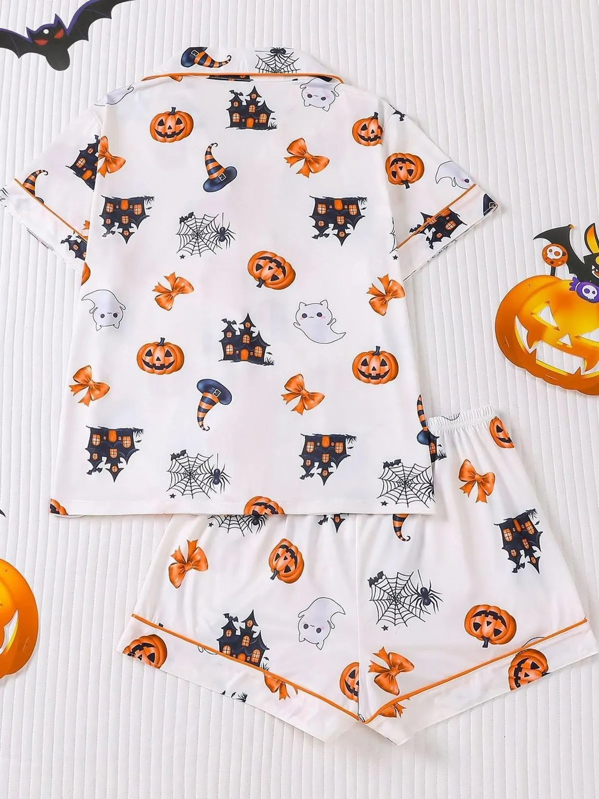 Halloween Women's Sleepwear Set, Soft Button Front Shirt & Elastic Shorts