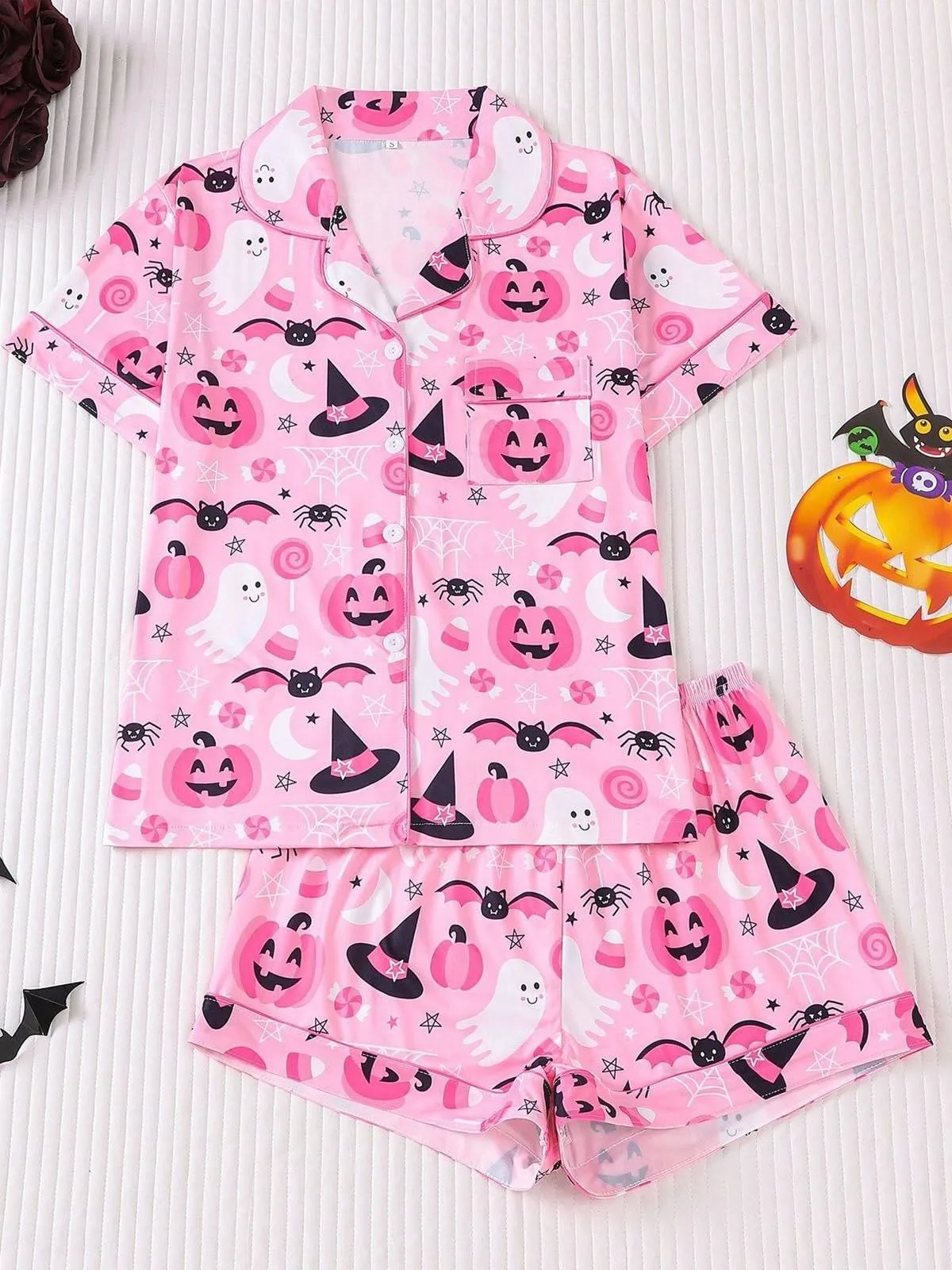 Halloween Women's Sleepwear Set, Soft Button Front Shirt & Elastic Shorts