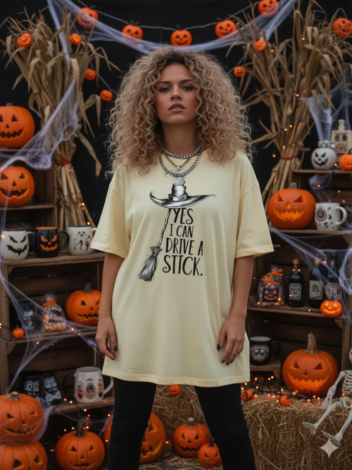 Halloween Graphic Yes I Can Drive a Stick Print Round Neck Casual T-shirt