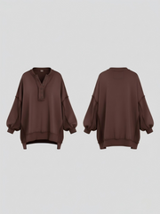 Button Lapel Henley Collar Oversized Pullover Tunic Sweatshirt