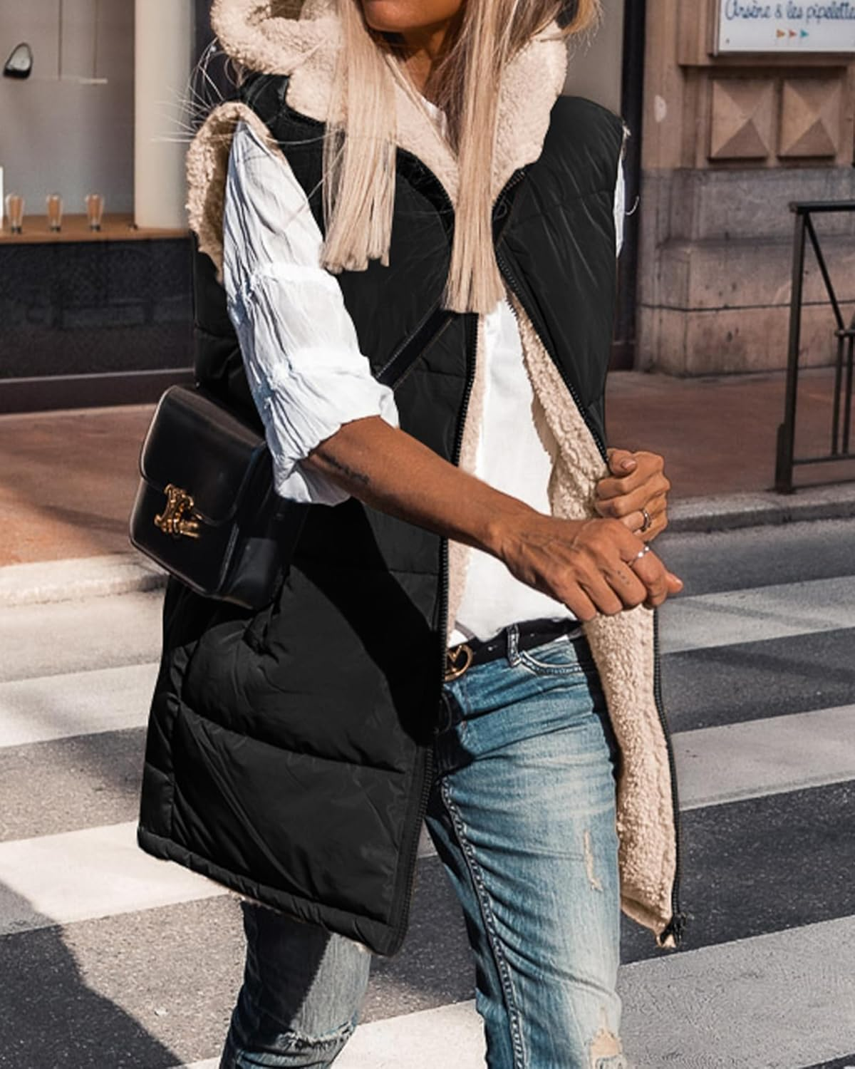 Solid Pocket Zip Up Hooded Basic Casual Vest
