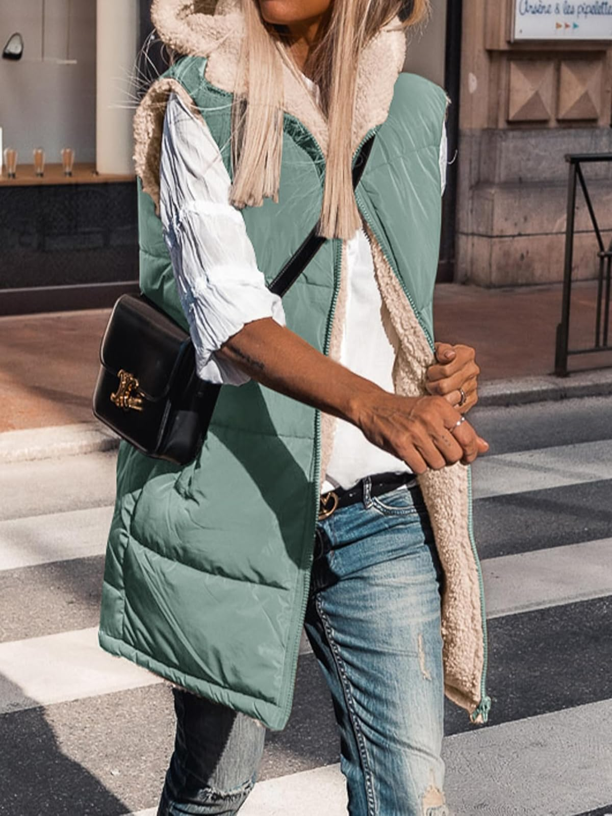 Solid Pocket Zip Up Hooded Basic Casual Vest