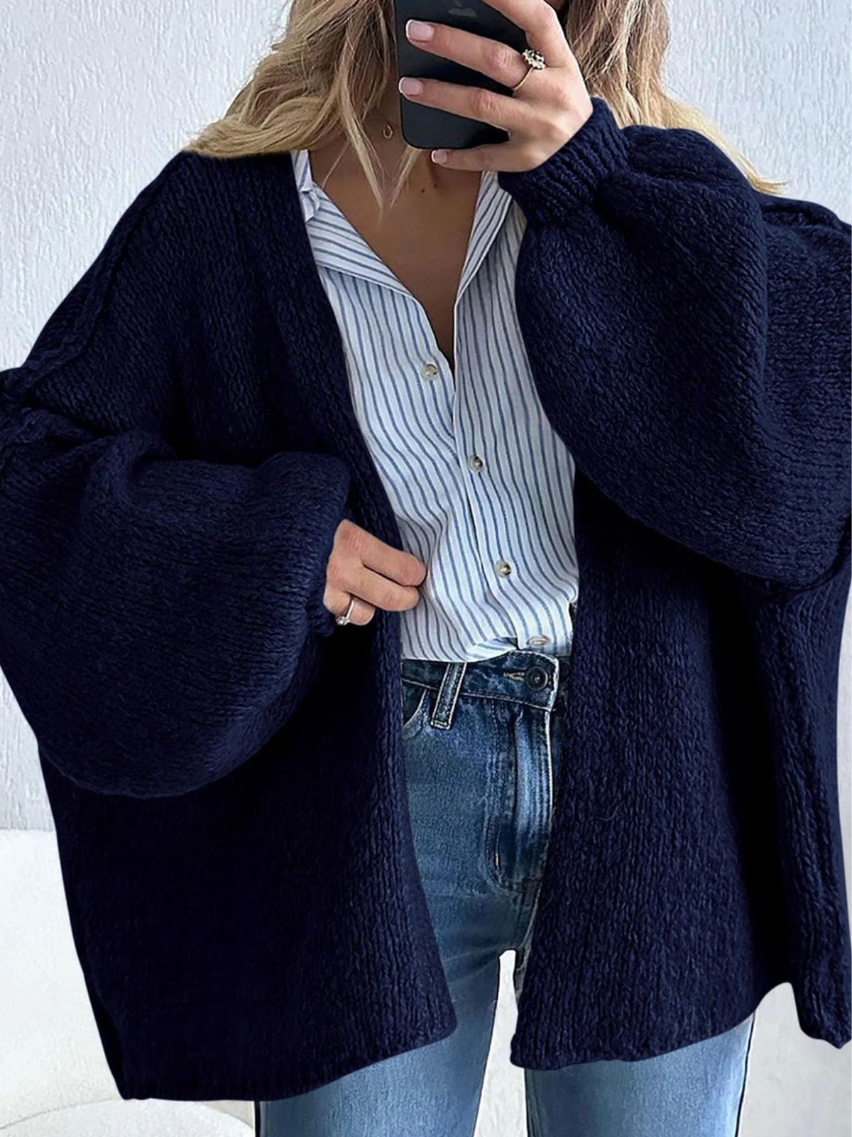 Solid Oversized Camel Outwear Fall Long Lantern Sleeve Knit Cardigan