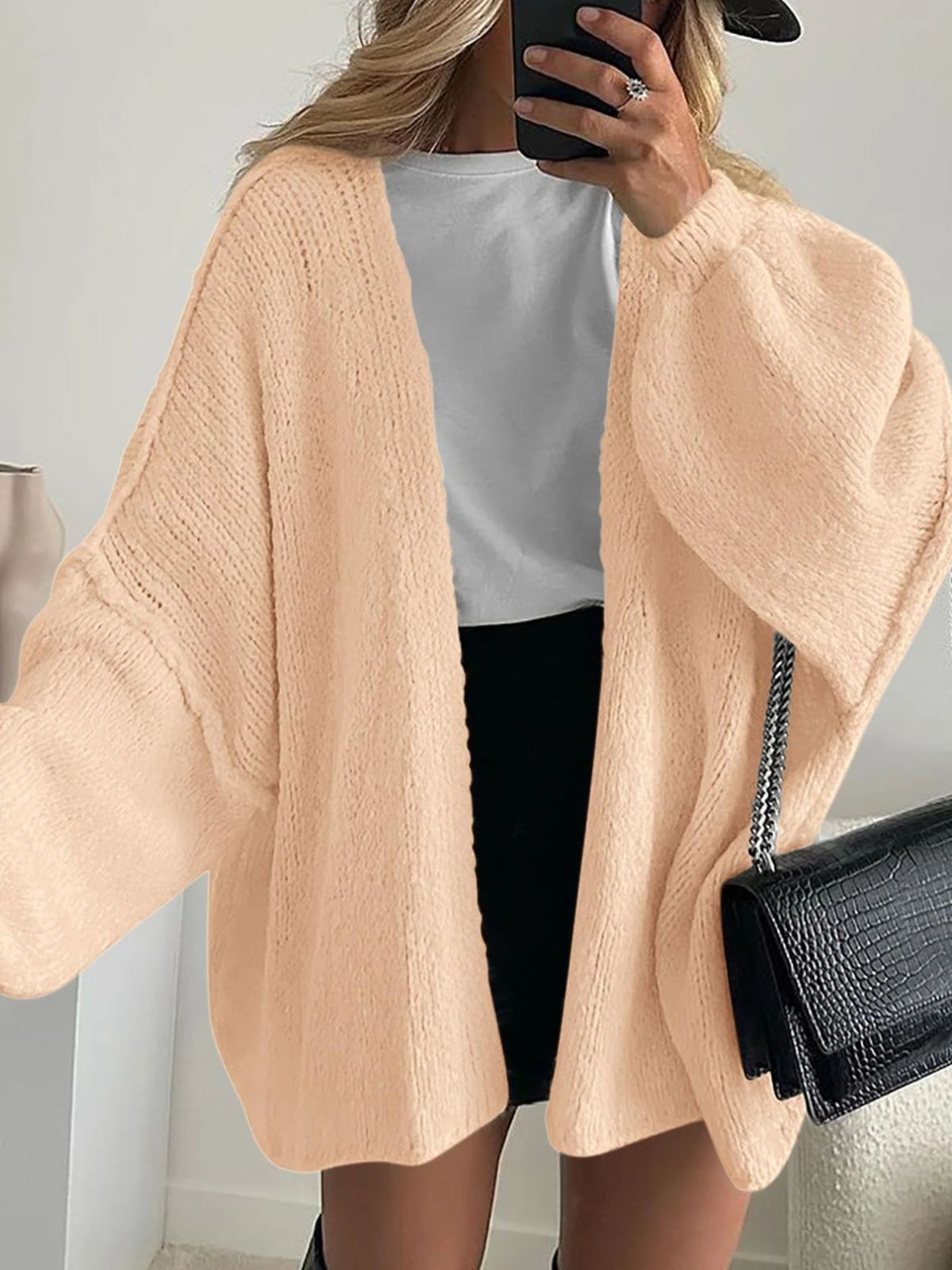 Solid Oversized Camel Outwear Fall Long Lantern Sleeve Knit Cardigan