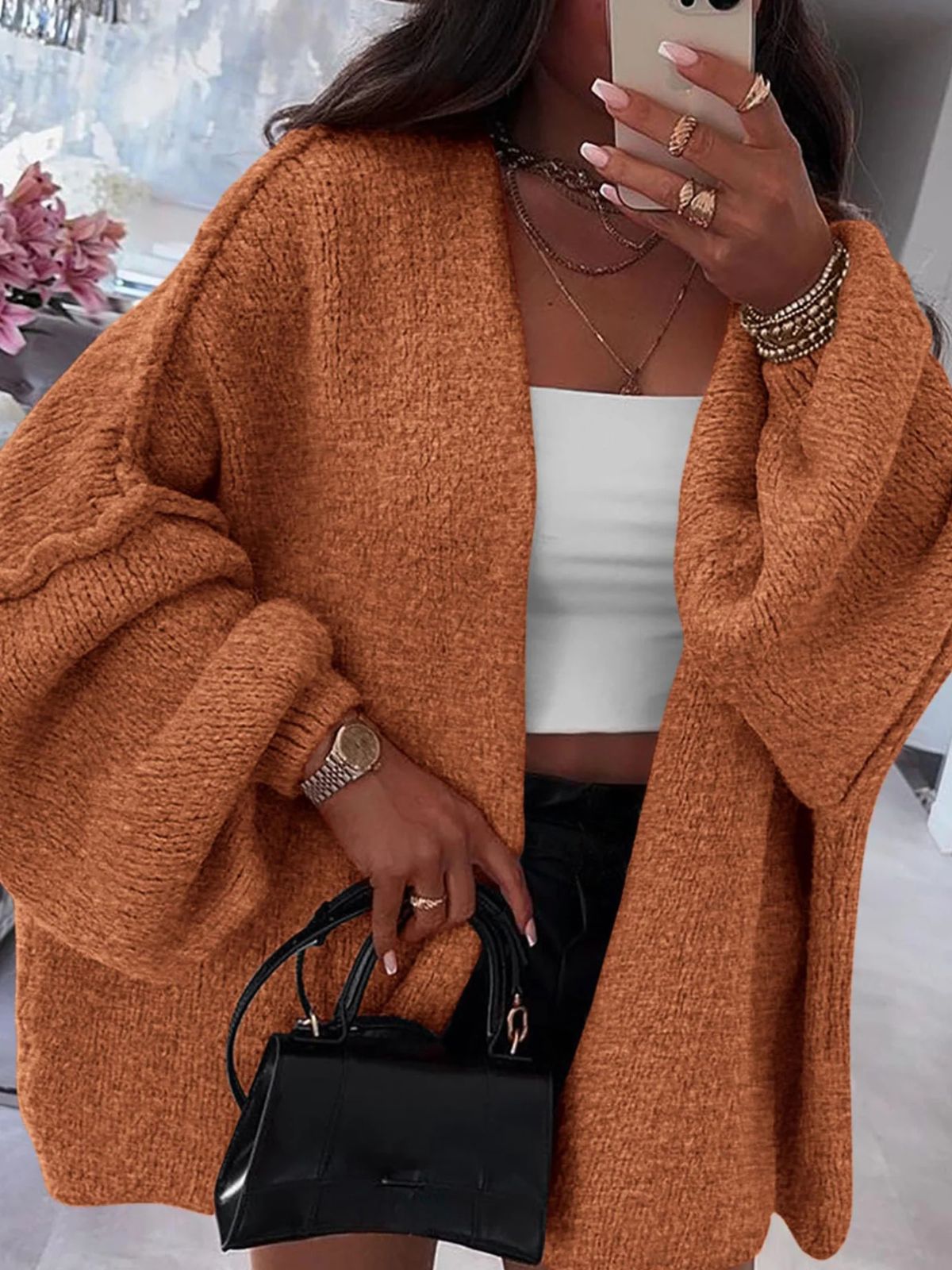 Solid Oversized Camel Outwear Fall Long Lantern Sleeve Knit Cardigan