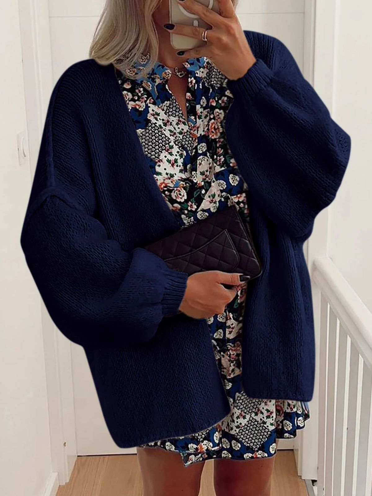 Solid Oversized Camel Outwear Fall Long Lantern Sleeve Knit Cardigan