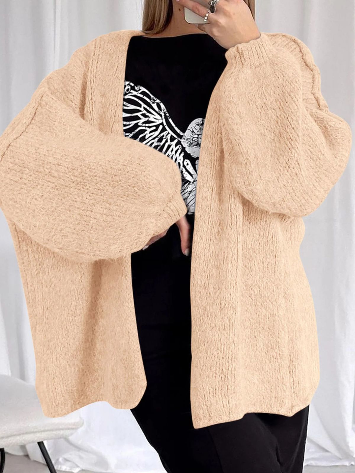 Solid Oversized Camel Outwear Fall Long Lantern Sleeve Knit Cardigan
