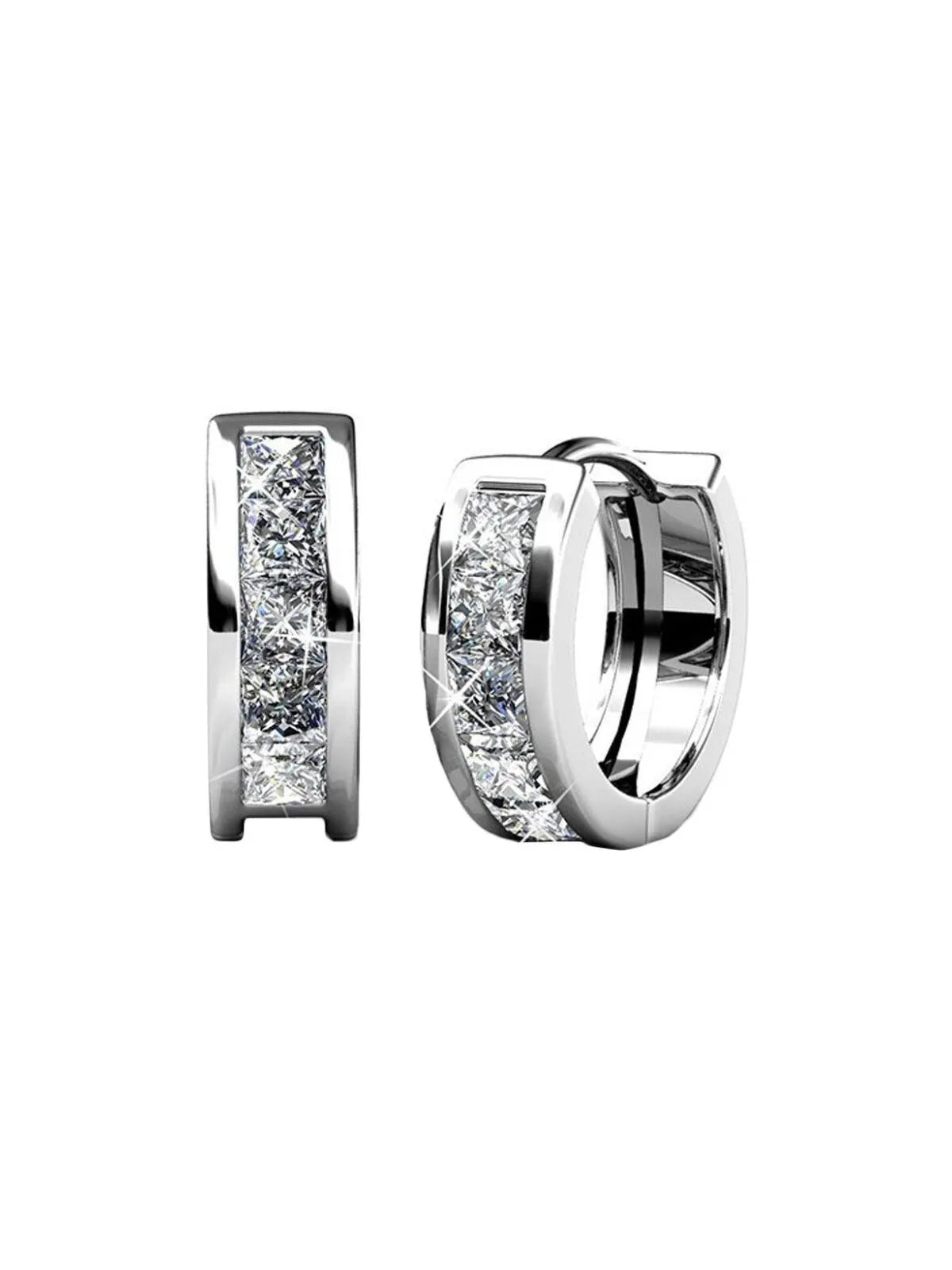 18k White Gold Plated Silver Simulated Diamond Crystals Huggie Hoop Earrings