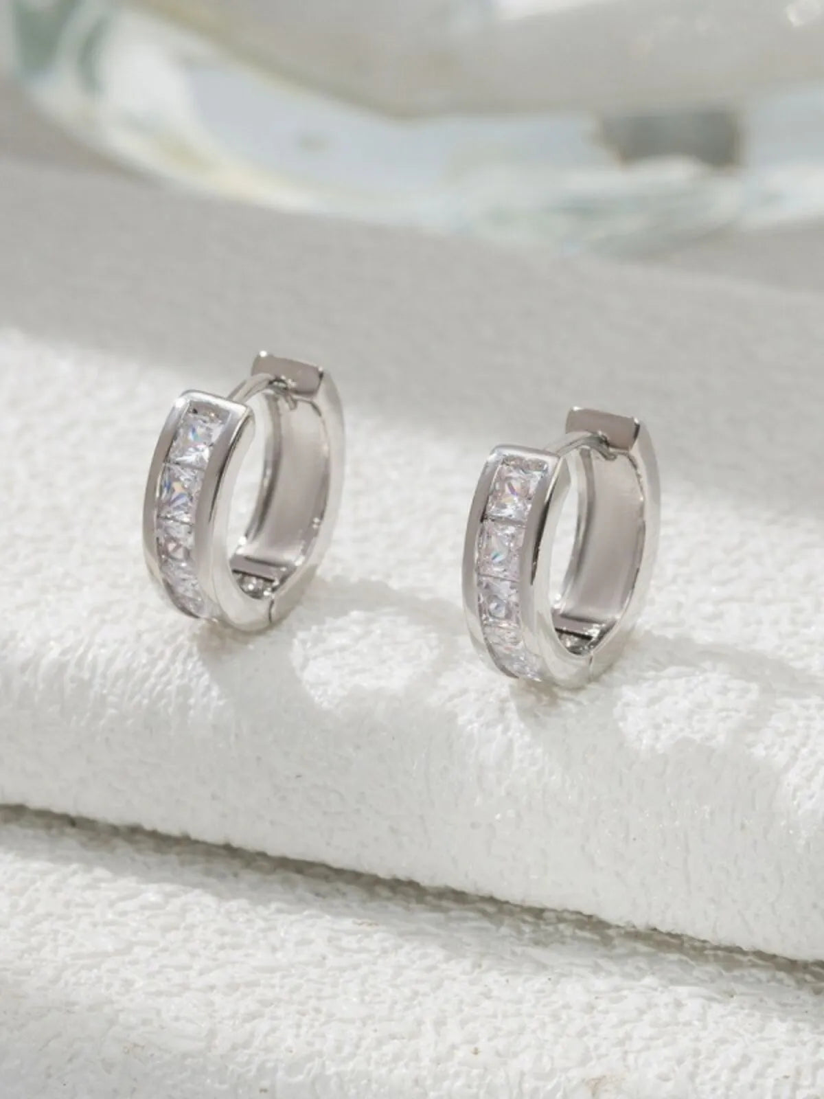 18k White Gold Plated Silver Simulated Diamond Crystals Huggie Hoop Earrings
